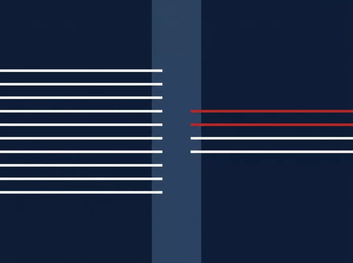Illustration abstraite : un faisceau de lignes horizontales blanches s'interrompt contre une bande verticale bleu ardoise. Quatre lignes seulement la traversent et poursuivent vers la droite, dont deux en rouge.